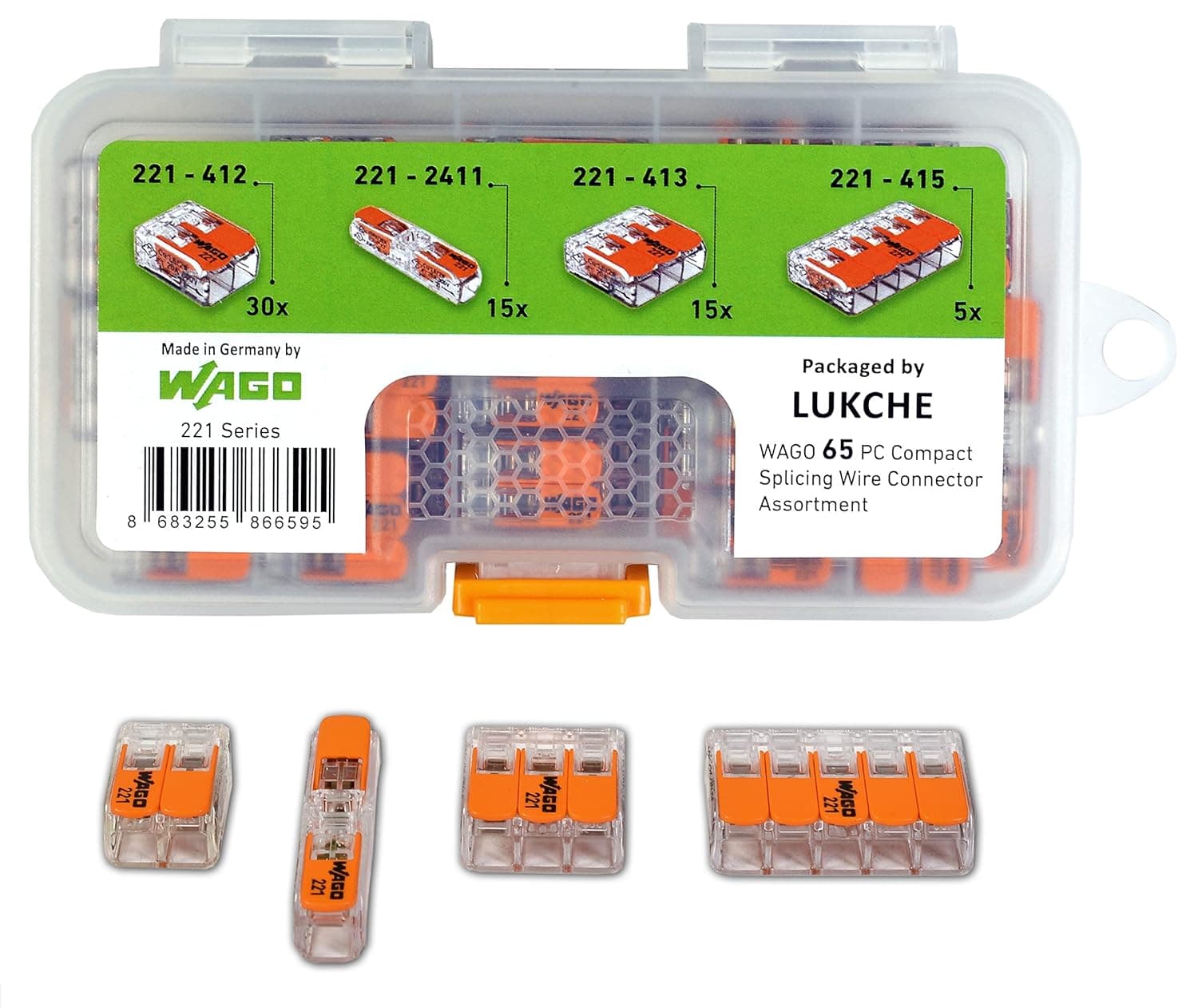 WAGO Wire Connectors 65 Pcs, 221 Series Lever-Nuts Assortment with Case, Includes (30x) 221-412, (15x) 221-2411, (15x) 221-413, (5X) 221-415, Compact Splicing Wire Connectors