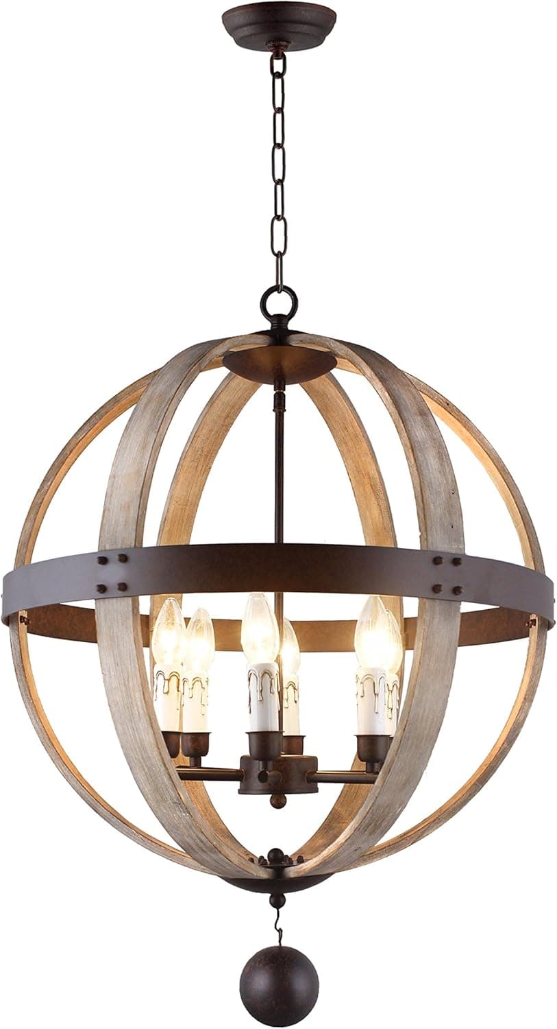 AA Warehousing LZ06-6 6 Light Candle Style Globe Chandelier, Rustic Metal/Natural Wood Finish