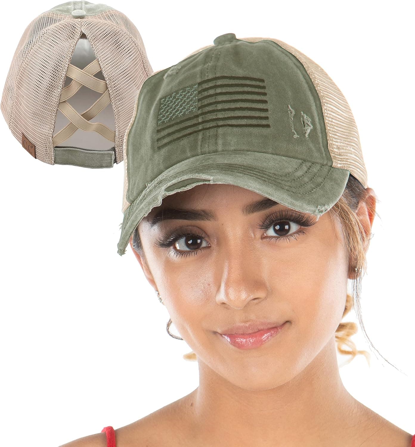 Funky Junque Criss Cross Hat Womens Baseball Cap Distressed Ponytail Messy Bun Trucker Ponycap