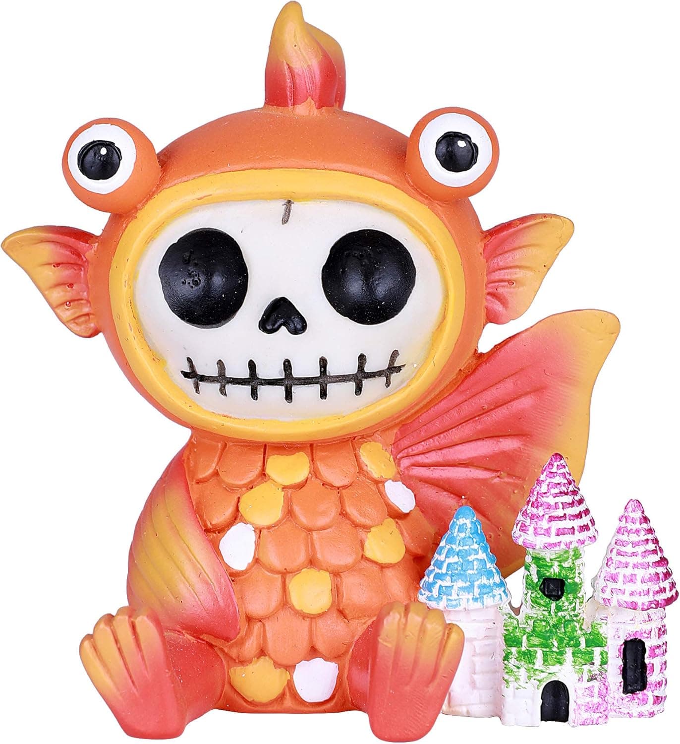 SUMMIT COLLECTION Furrybones Demekin Signature Skeleton in Bulging Eyed Gold Fish Costume with a Miniature Rainbow Castle