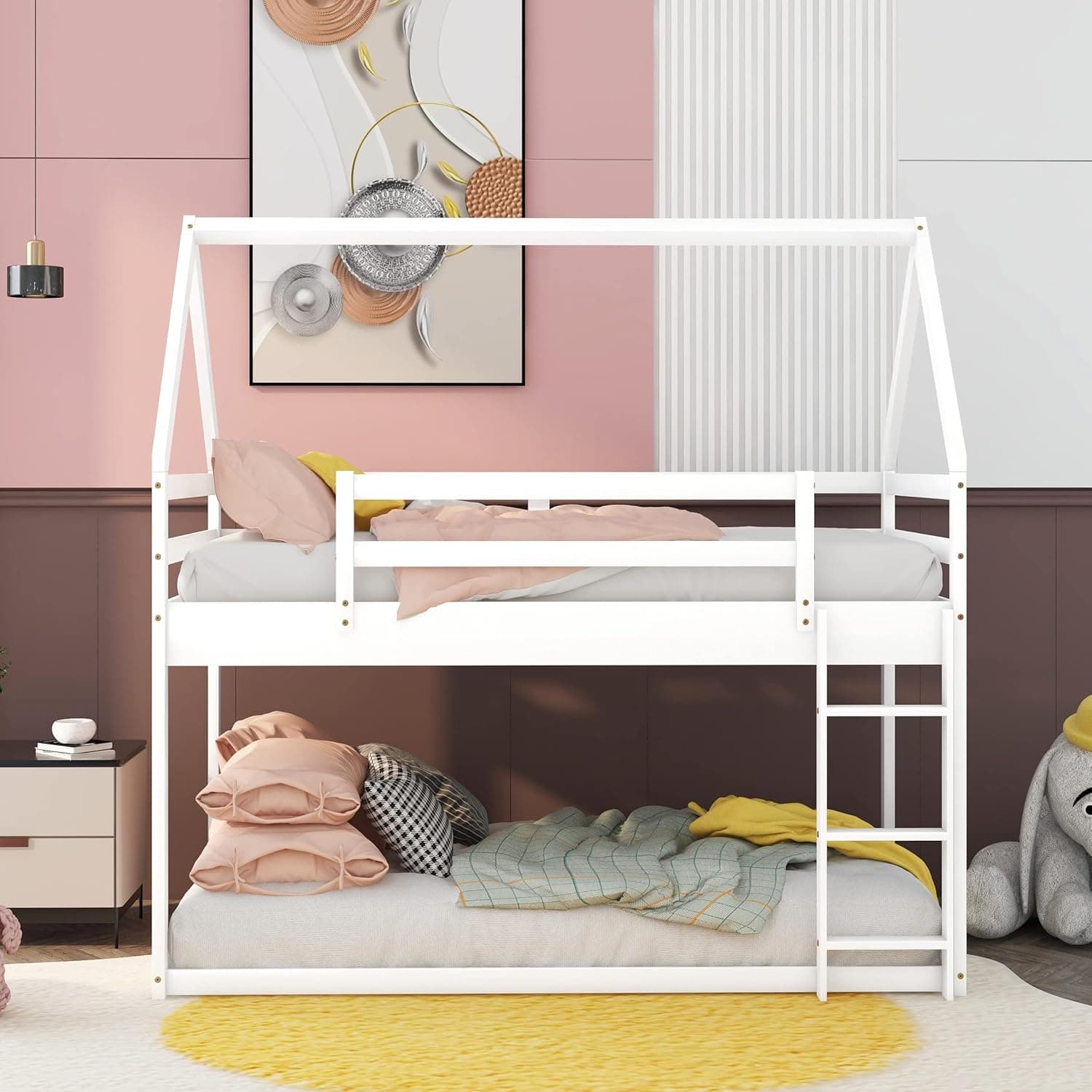 Harper & Bright Designs Low Twin Over Twin Bunk Bed, Wooden House Bed Frame Built-in Ladder, Guardrail, Roof for Boys, Girls, Kids, Teenagers Living Room Bedroom (White)