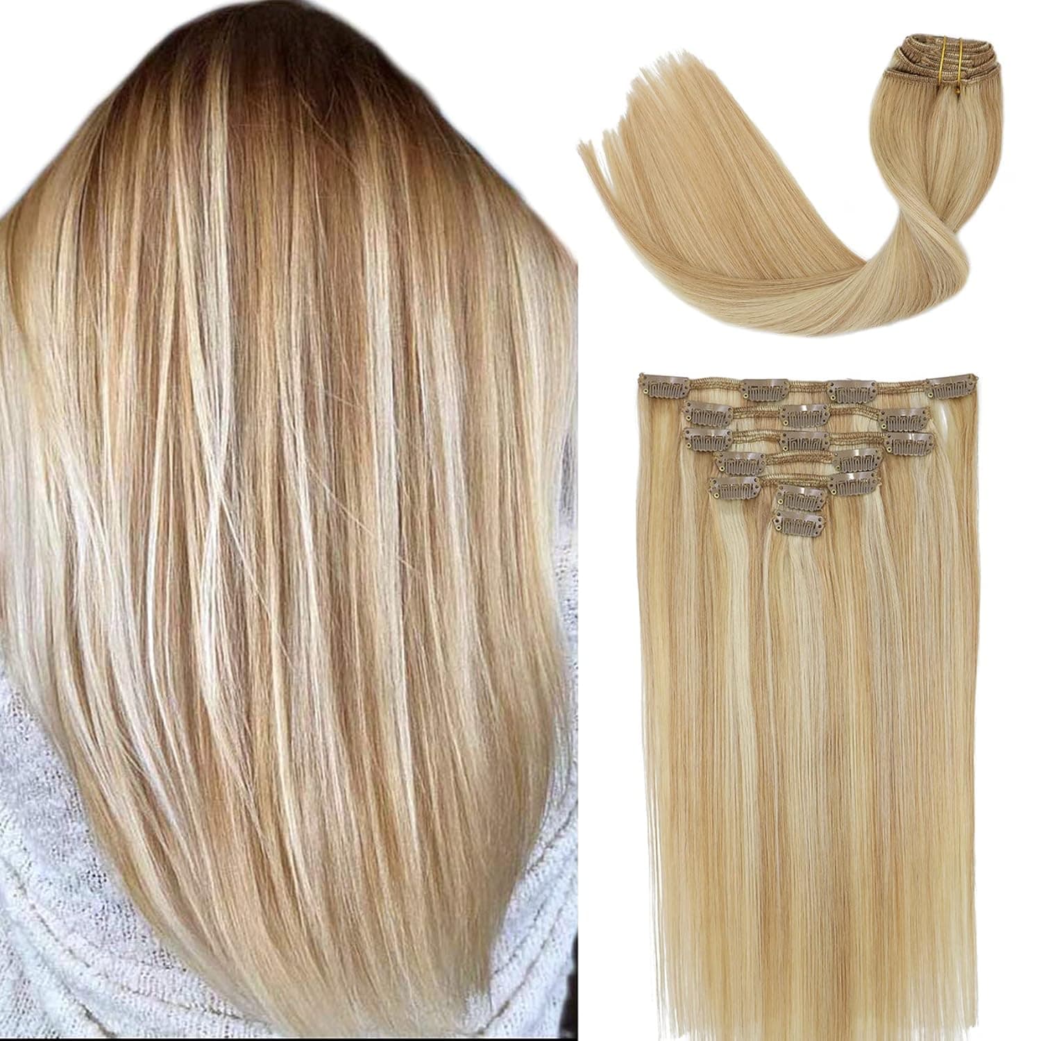 VARIO Hair 20" 7 Pcs Remy Full Head Clip in Hair Extensions Colored Human Hair Clip in Human Hair Extensions Human Hair Clip in Hair Pieces Color #27 and #613 Highlighted Extensions
