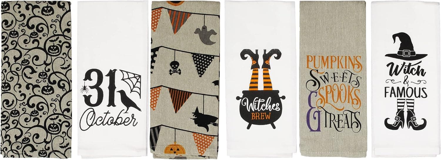 Halloween Kitchen Towels Set of 6 Fun Spooky Dish Towels for Fall Autumn Decorative Flour Sack Towels for Dish Drying Hands 15”x25” Cotton