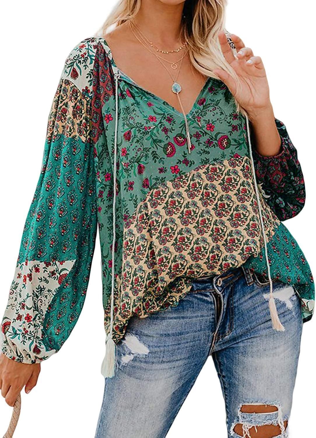Moskill Long Sleeve Shirt Women Loose Casual Floral Print V Neck Boho Green Large