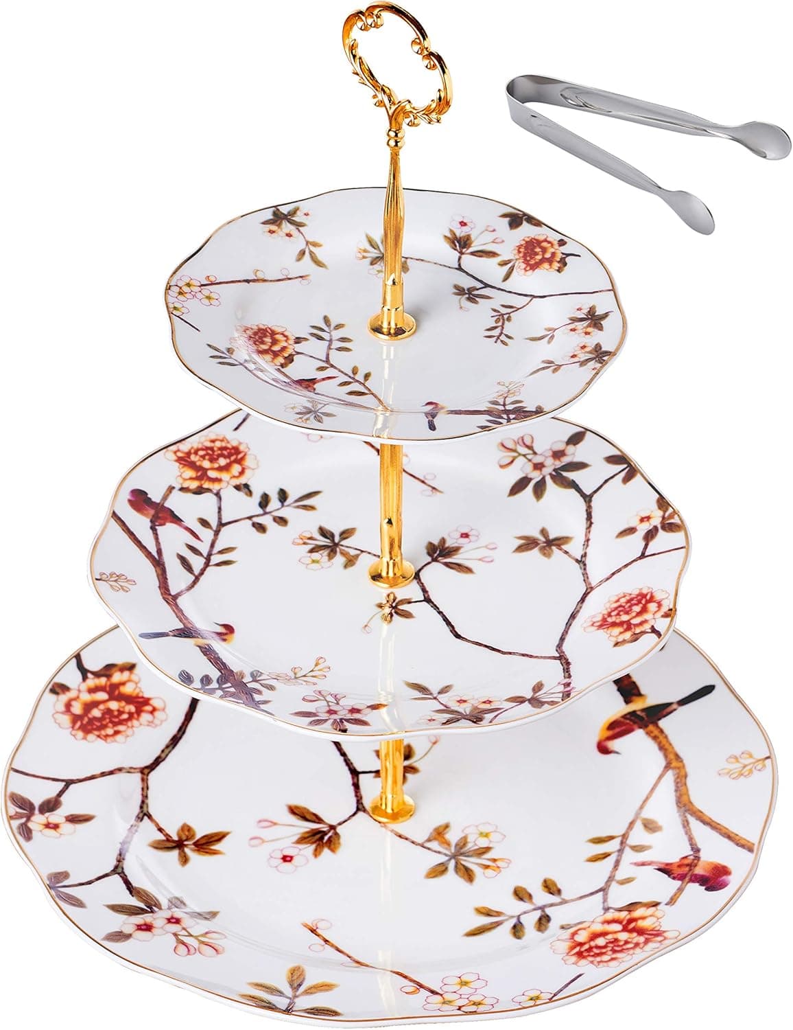 Jusalpha 3-tier Bird Tree Series Ceramic Cake Stand/Cupcake Stand/Dessert Stand/Tea Party Pastry Serving Platter/Food Display, Stand, Comes In a Gift Box- Free Sugar Tong