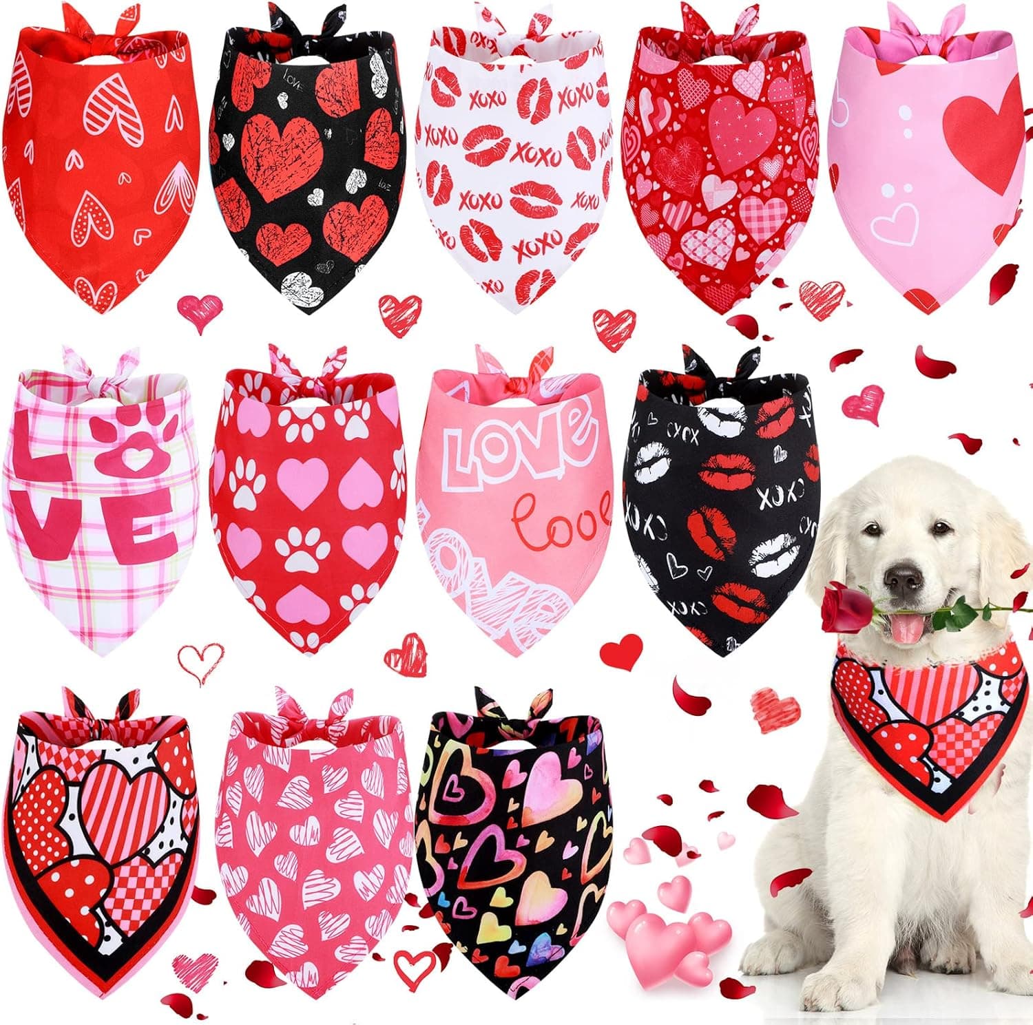 12 Pieces Valentine's Day Dog Bandana Triangle Bib Scarf with Lip Heart and Love Patterns Reversible Pet Neckerchief Accessories for Dogs Cats Pets (Lip and Heart Pattern)