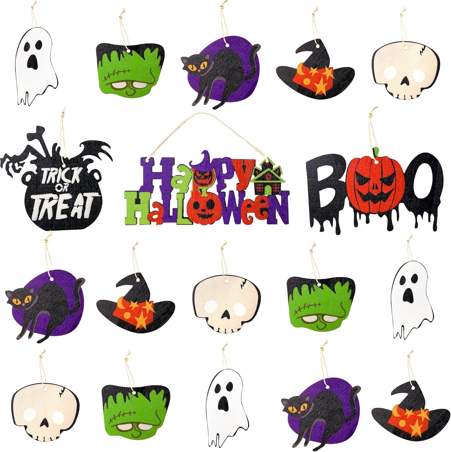 18 Pcs Happy Halloween Wooden Ornaments Trick or Treat Pumpkin Boo Witches Hat Black Cat Ghost Skull Hulk Hanging Ornaments Pendant Garland Banner for Halloween Tree Home Party Decorations Supplies
