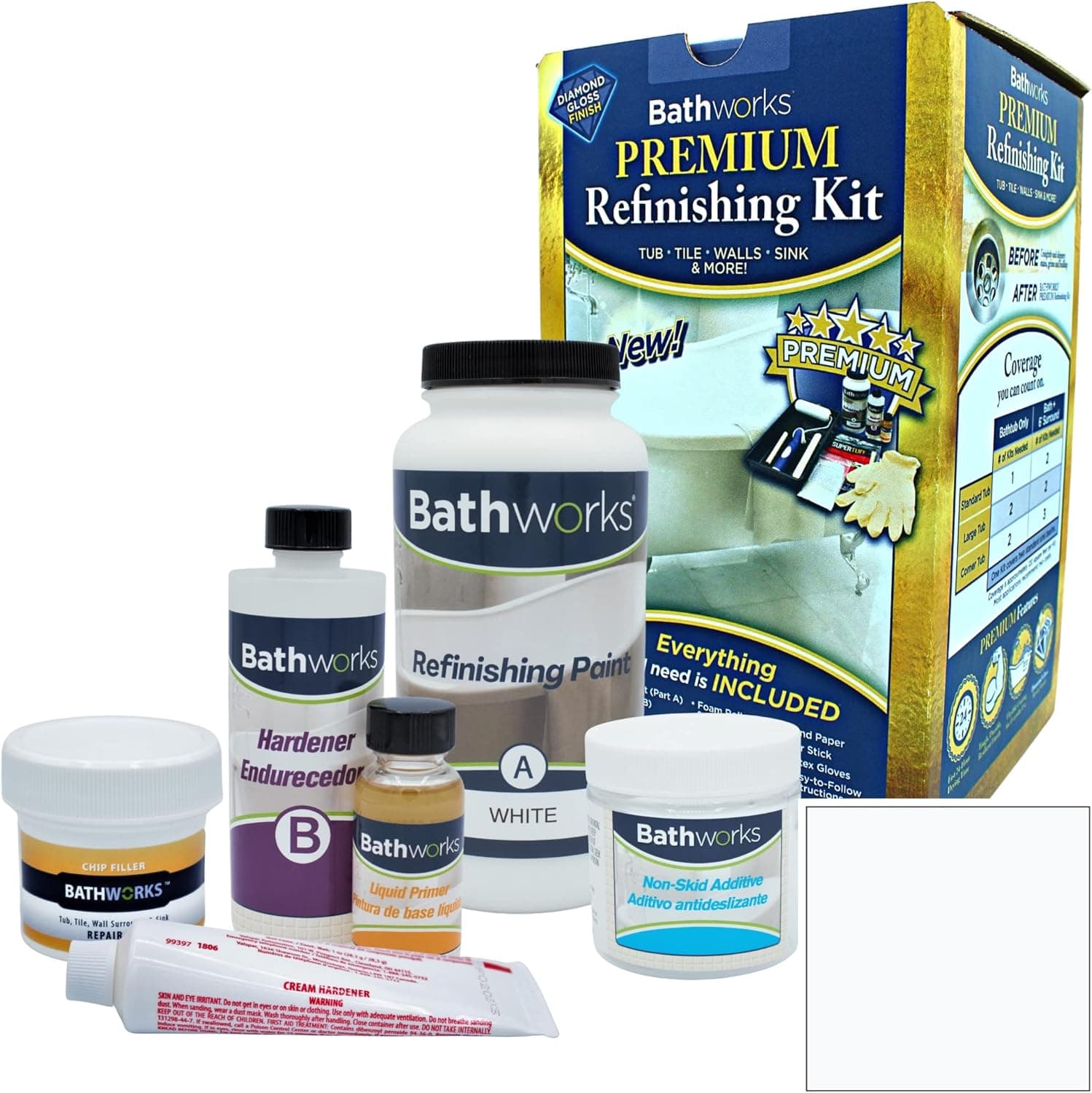 BATHWORKS DIY Combo Kit - WHITE - Chip Repair & Bathtub Refinishing; Non-Slip Protection; Tub; Tile; Shower; Wall Surround; Chip Filler; Crack Repair; Quick 24 hour dry time; High Gloss Resin Finish