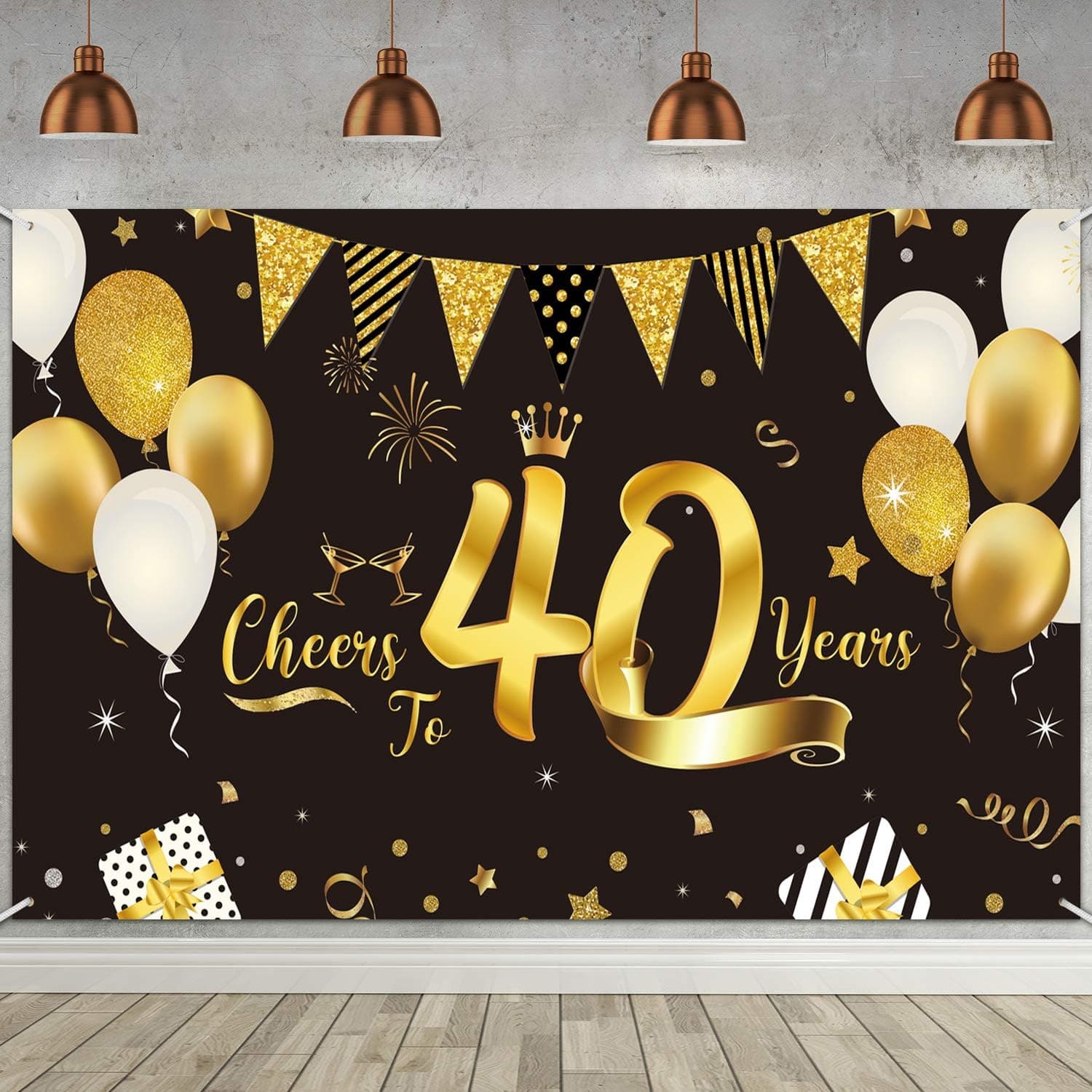40th Birthday Decorations Supplies, Extra Large Fabric Black Gold Cheers to 40 Years Banner Sign 40th Birthday Party Backdrop Background Banner for 40th Anniversary Party Decoration, 72.8 x 43.3 Inch