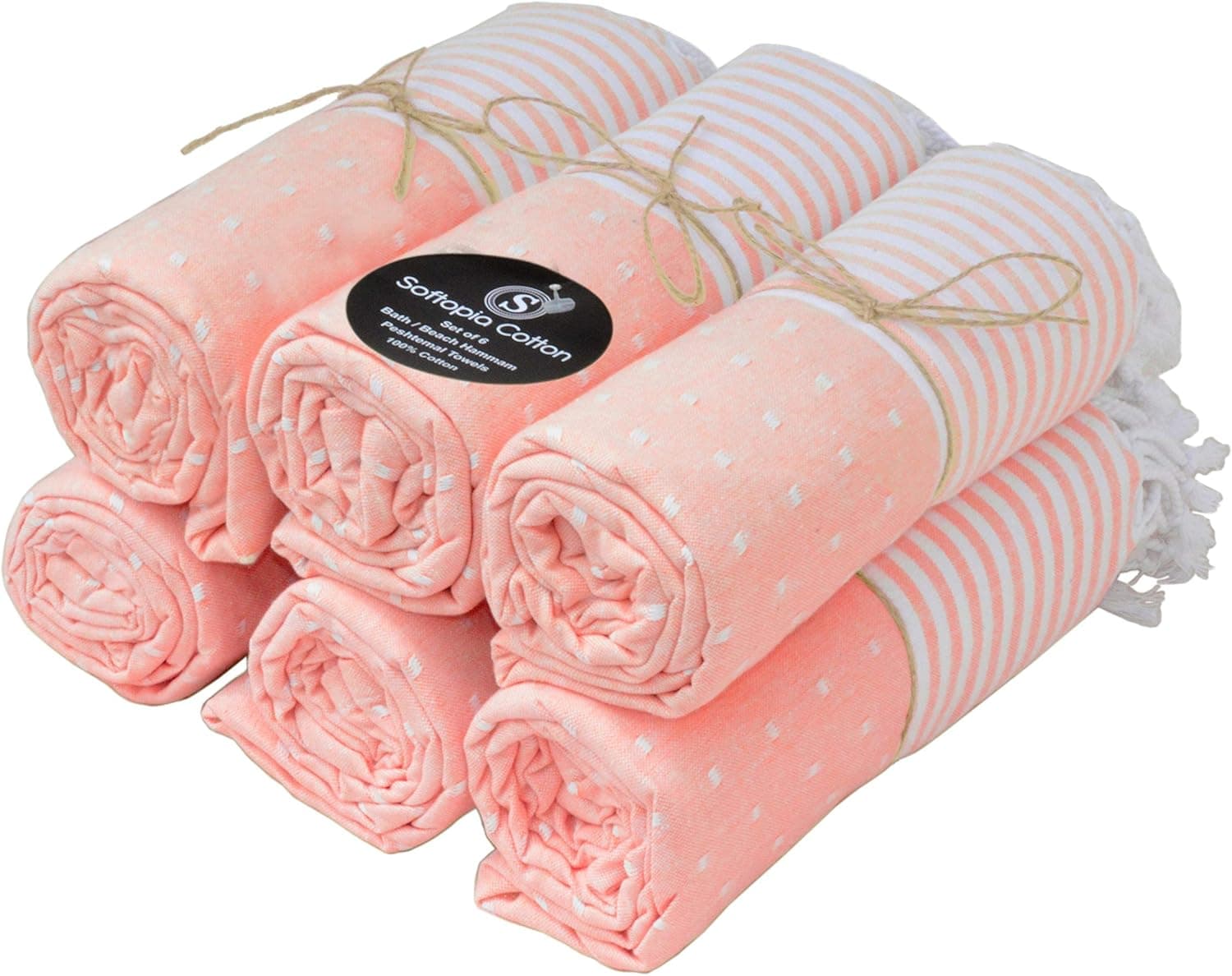 Softopia Cotton Peshtemal Turkish Bath and Beach Towels Set of 6, Large 40x71 Travel Sarong Gym Pool Spa Towels, Ultra Soft Quick Dry Absorbent Fouta Hammam Towels 100% Cotton Orange