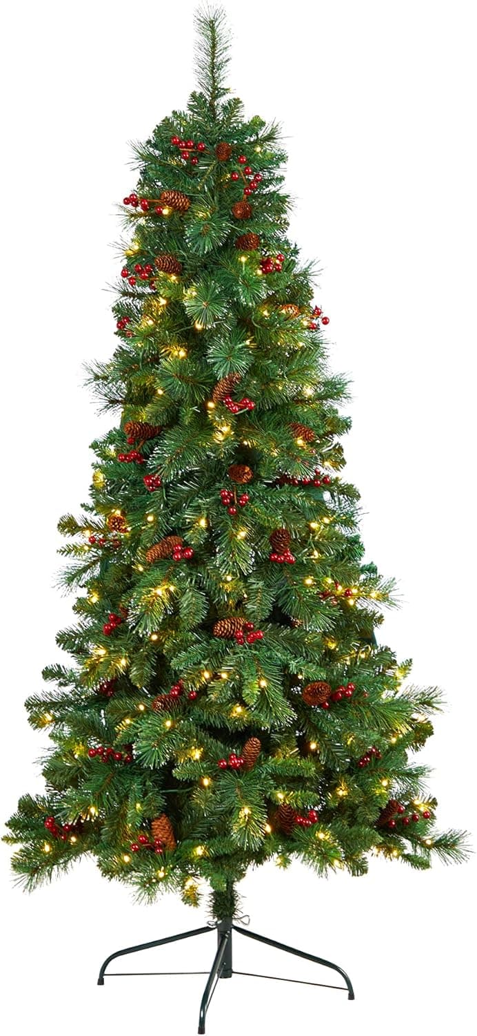 6ft. Flat Back Montreal Mountain Pine Artificial Christmas Tree with Pinecones, Berries and 150 Warm White LED Lights and 359 Bendable Branches