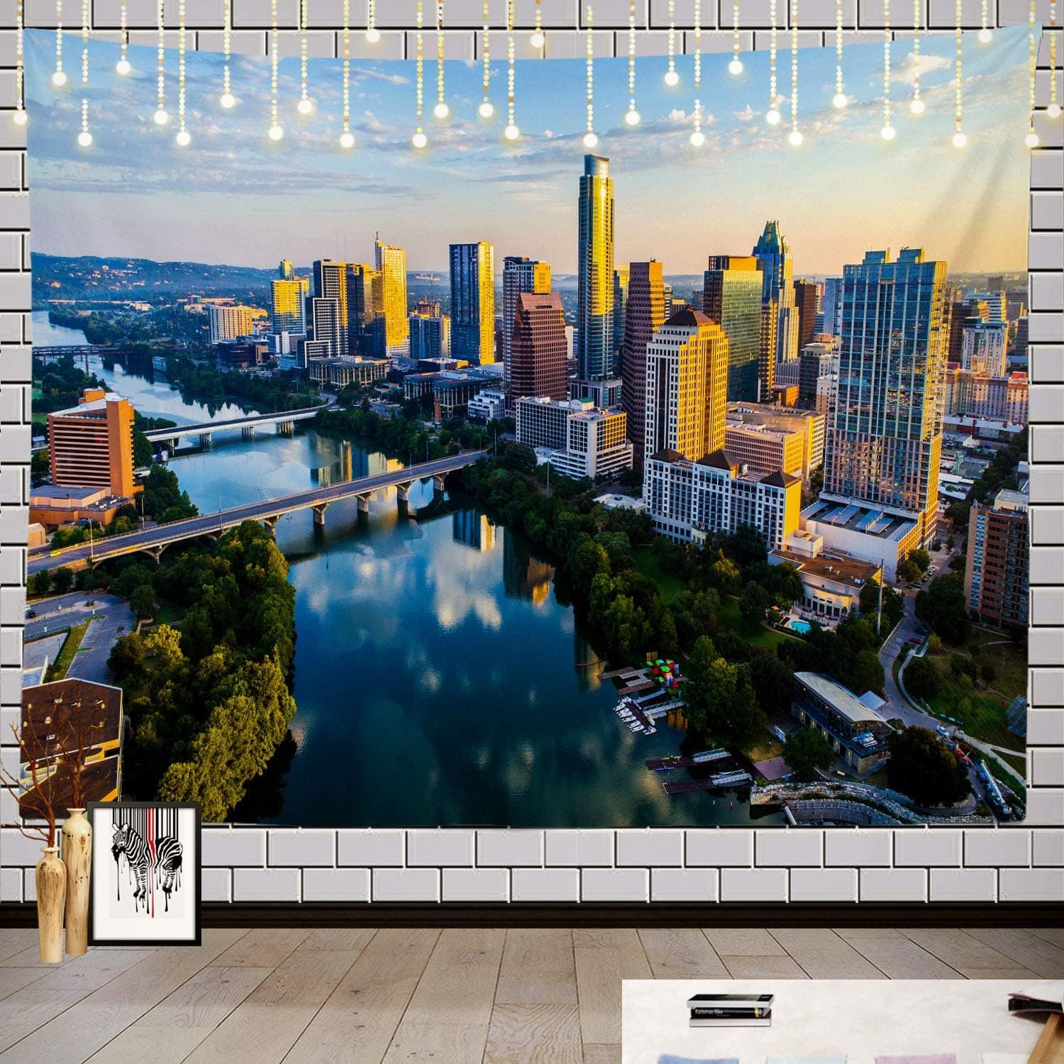 Batmerry Texas Tapestry, Austin Skyline Austin Texas Picnic Mat Beach Towel Wall Art Decoration for Bedroom Living Room Dorm, 51.2 x 59.1 Inches, Lake Blue