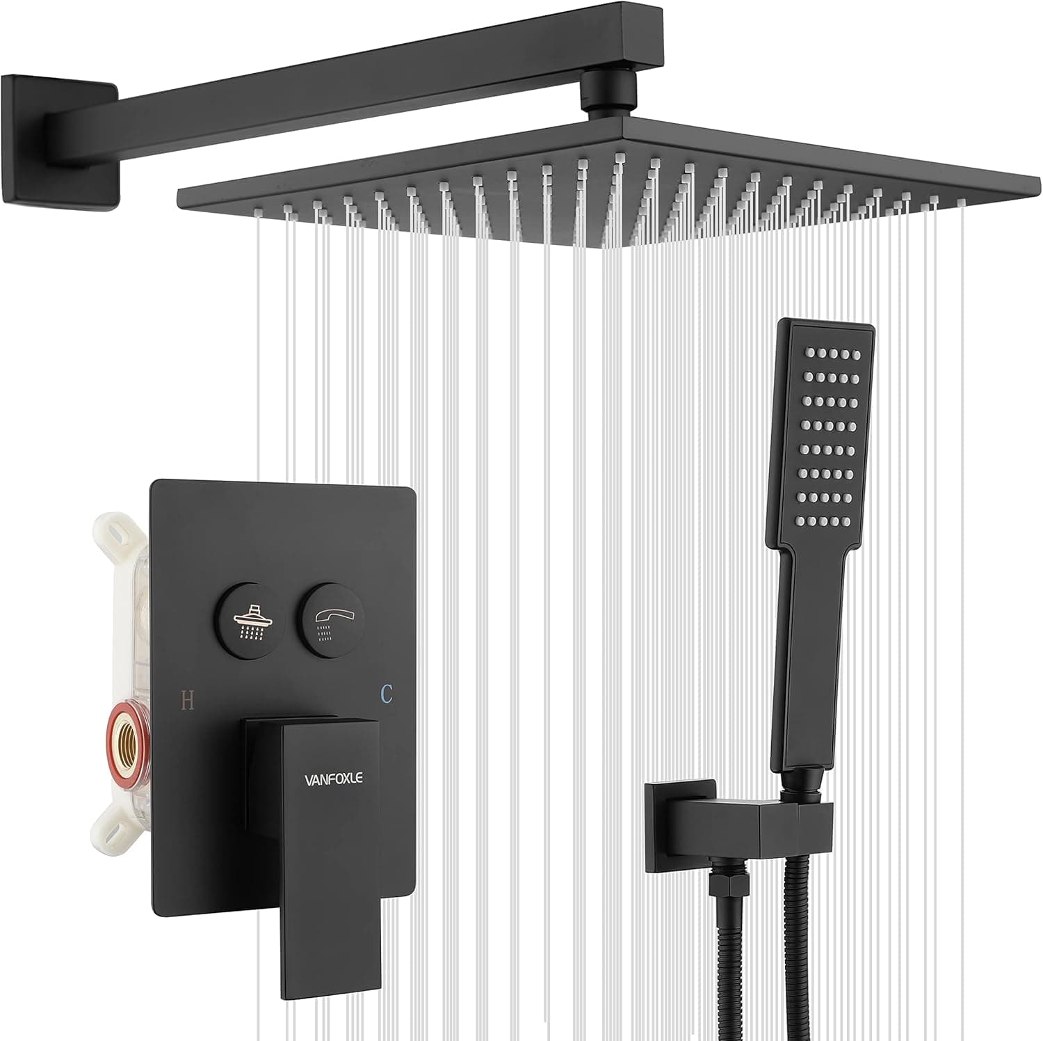 VANFOXLE Shower Faucets Sets Complete Matte Black Shower System with 10 inches Rainfall Shower Head, Push-Button Shower Faucet Fixture Combo Set Wall Mounted