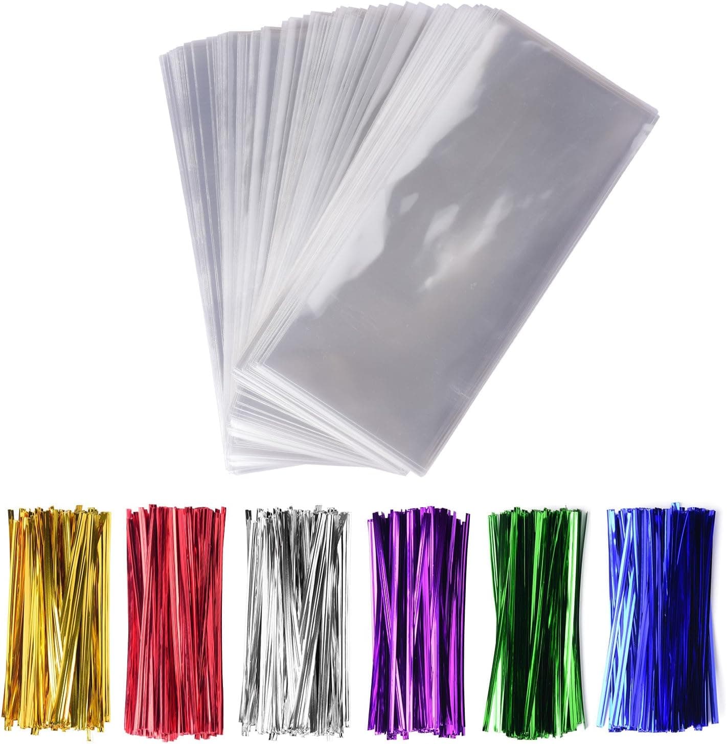 200 Pcs 4" x 9" Cellophane Treat Bags Clear Flat Cello Treat Bags 1.4mil thickness with 6 Mix Colors Twist Ties Good for Bakery Cookies Christmas Halloween Wedding Party Decorative Gift (4'' x 9'')