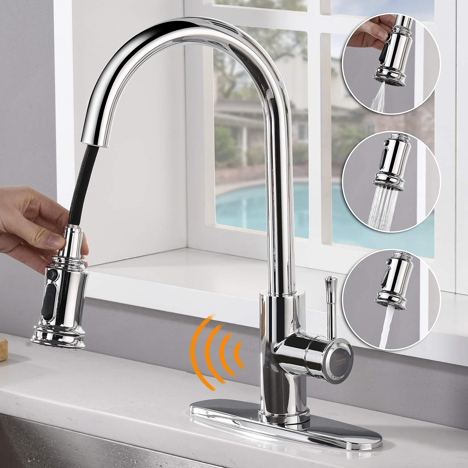 Amazing Force Touchless Kitchen Faucet with 3 Modes Pull Down Sprayer, Single Handle Automatic Motion Sensor Kitchen Sink Faucet with Fingerprints Resistant, Chrome 1.8 GPM