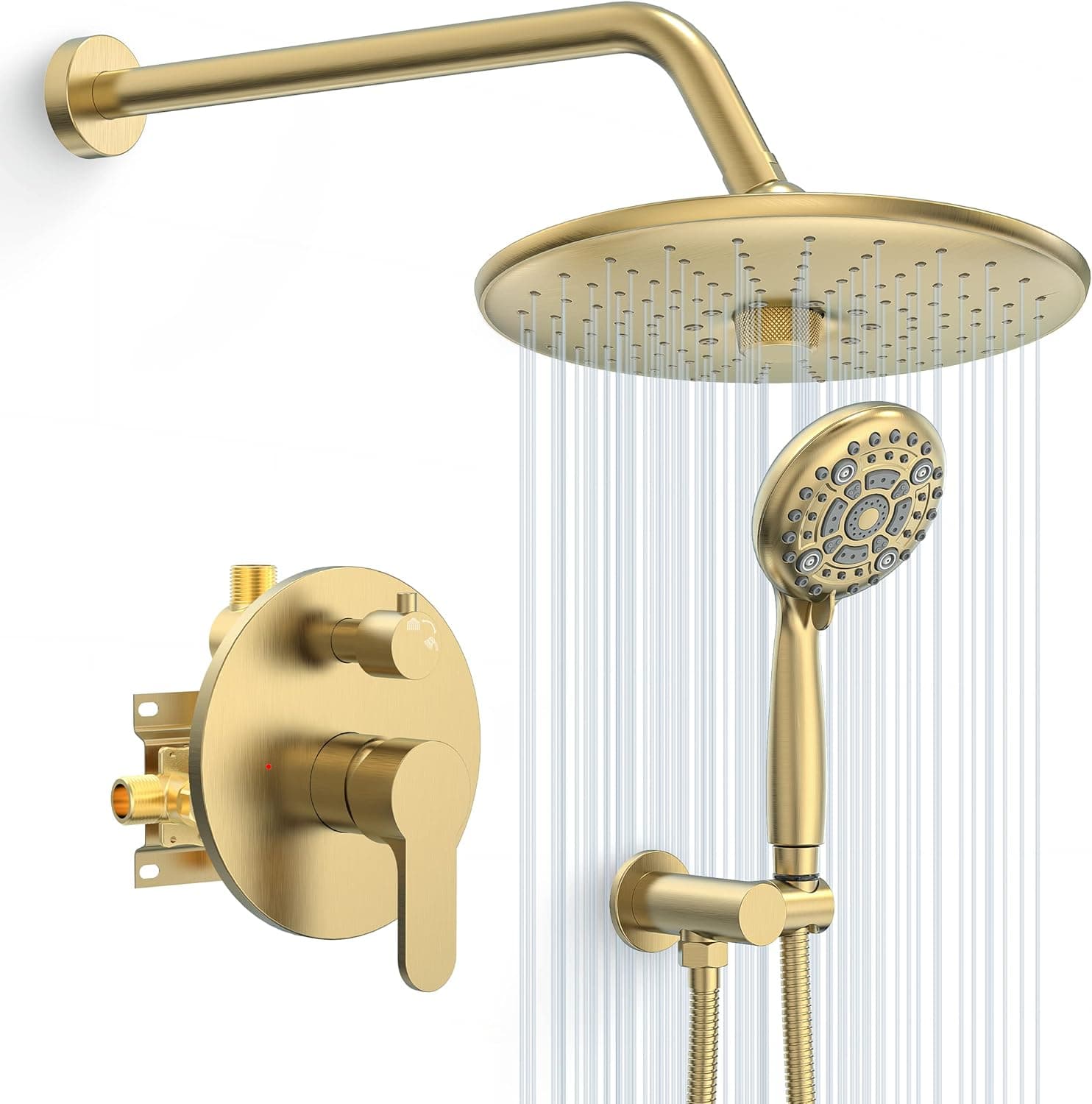 Gold Shower System - 3-Function High Pressure 10 Inch Shower Head Set - 6 Setting Headheld Shower Head Faucet - Valve Included