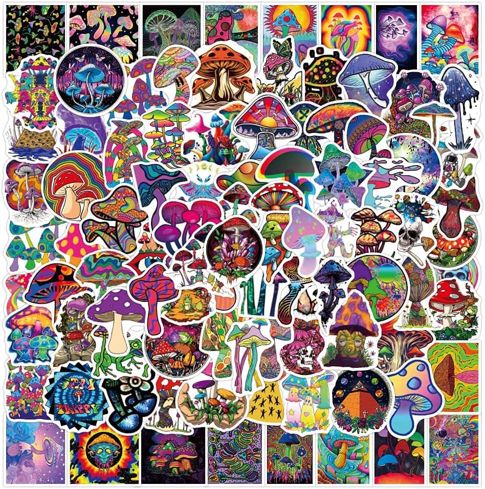 FAVORGEAR 100Pcs Pack, Cute Mushroom Indie Trippy Fashion VSCO Waterproof Sticker for Hydroflasks WaterBottle Laptop Skateboard Phone, Colorful Rainbow Decal for Adult Teens Girls Kids, Vinyl Sticker