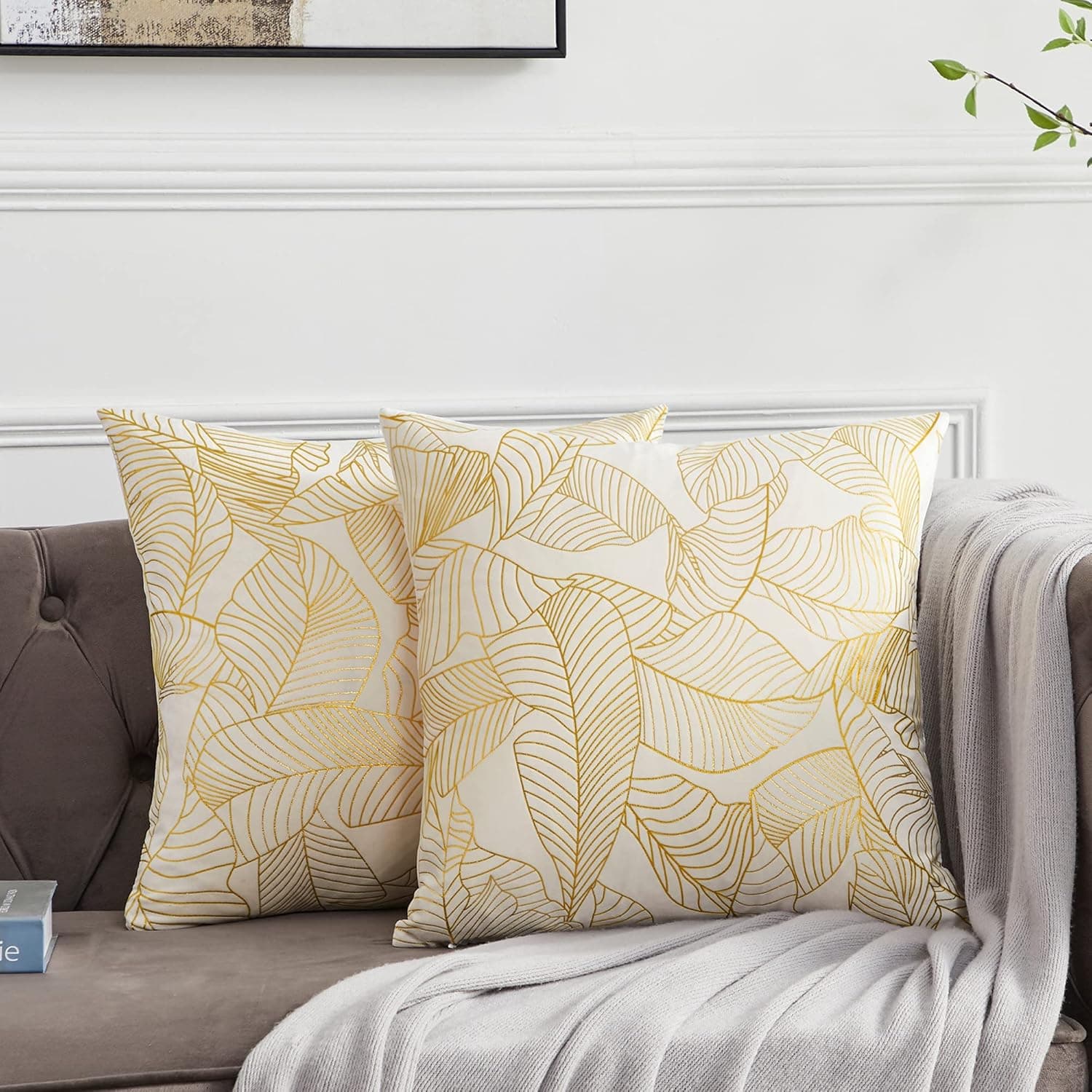 GIGIZAZA White Throw Pillow Covers 22x22,Decorative Velvet Gold Leaves Ivory Couch Pillow Covers, Set of 2