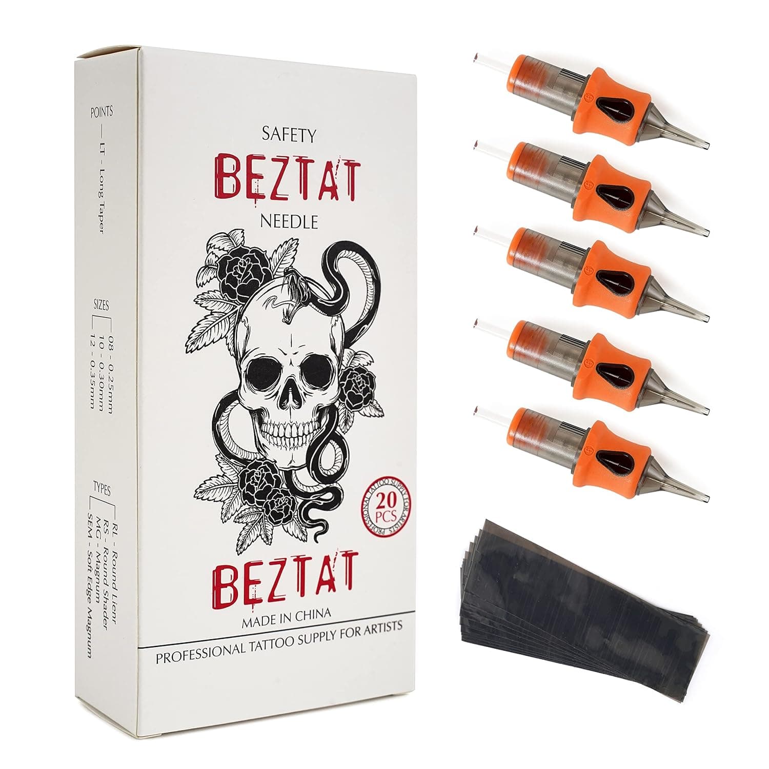 BEZTAT Ultra Premium Professional Cartridge Needles w/Grip & Machine Covers Sleeves #12 Round Liner 20 Pack (1209RL)