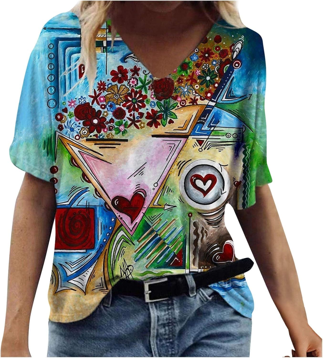 AODONG Womens Summer Tops with Sleeves Fashion Colorful V-Neck T-Shirt Summer Printed Boho Blouse Tunics Tops