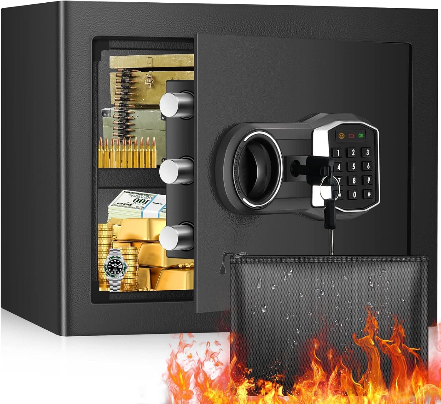 1.2 Cub Home Safe Fireproof Waterproof, Fireproof Safe Box with Fireproof Money Bag, Digital Keypad Key and Removable Shelf, Personal Security Safe for Home Firearm Money Medicines Valuables