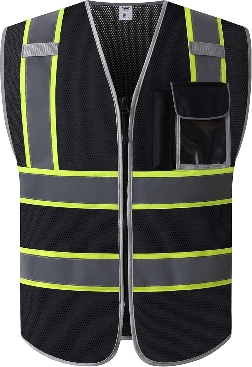 JKSafety 3 Pockets High Visibility Zipper Front Safety Vest MESH Lite | Black with Dual Tone High Reflective Strips | Meets ANSI/ISEA Standards (99-Black, Medium)
