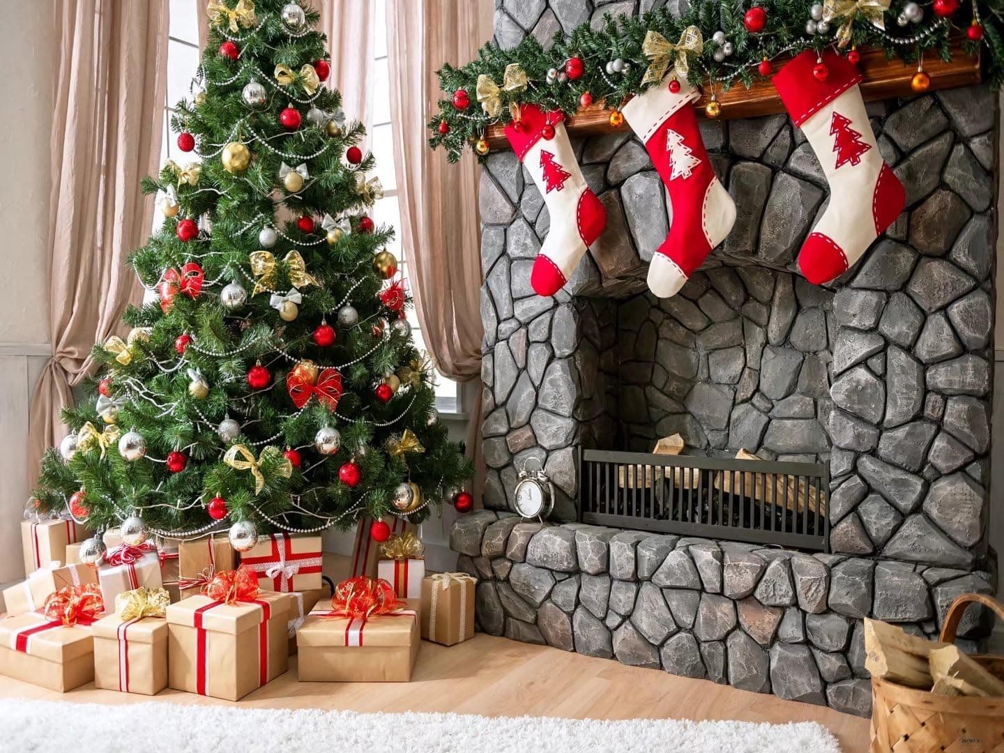 7x5 ft(2.2x1.5m) Pon The Christmas Tree and Three Little Socks Fireplace Photo Backgrounds no Wrinkle Photography Backdrops