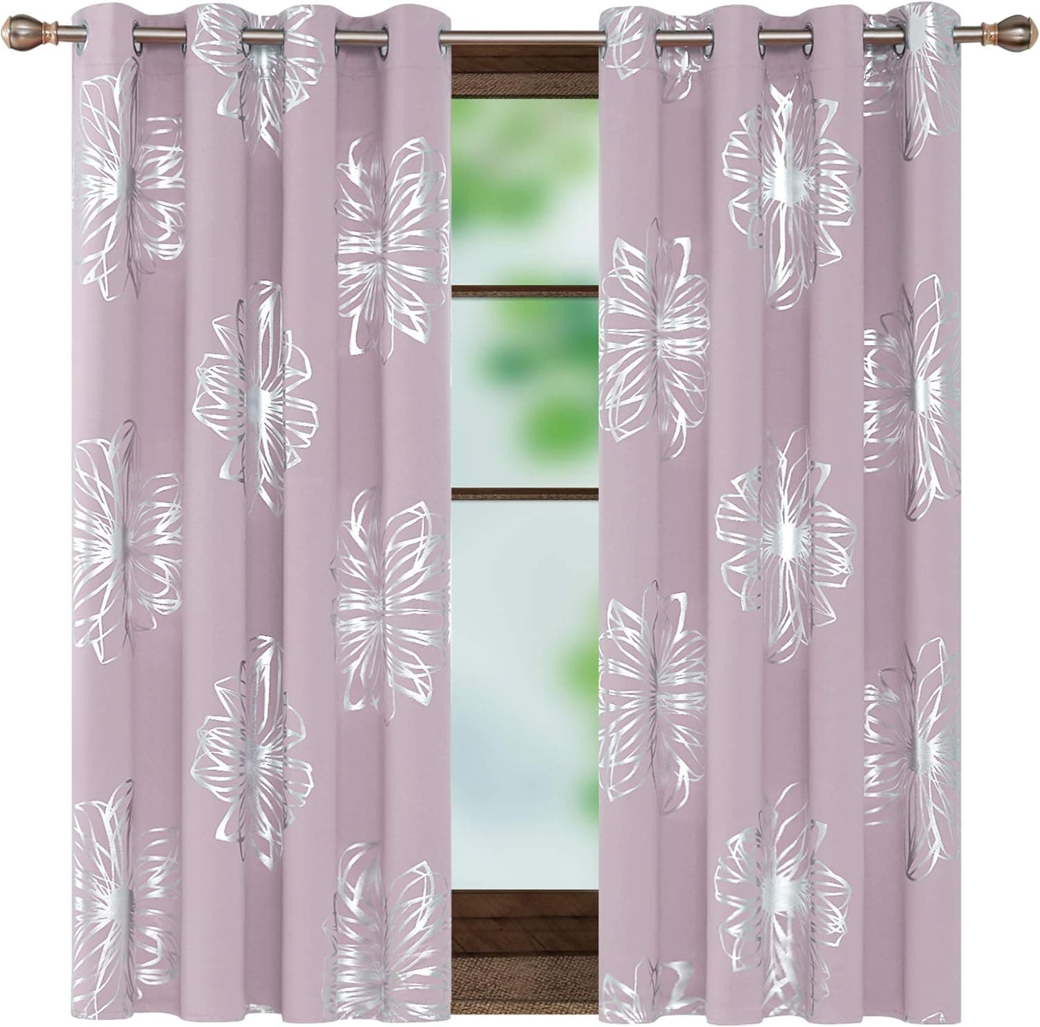 Deconovo Lavender Blackout Curtains, 52W x 45L Inch, Flower Foil Printed Room Darkening and Thermal Insulated Energy Saving Grommet Window Draperies for Kids Room, 2 Panels