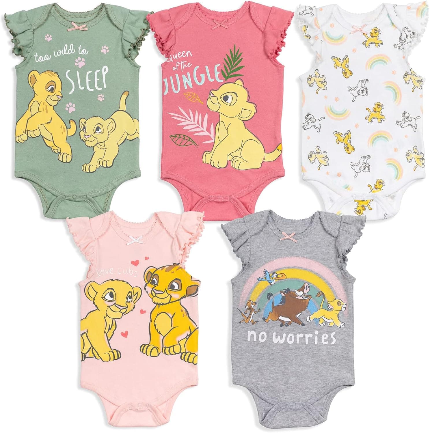 Disney Classics The Aristocats Lion King Winnie the Pooh Pixar Toy Story Baby Girls 5 Pack Bodysuits Newborn to Infant