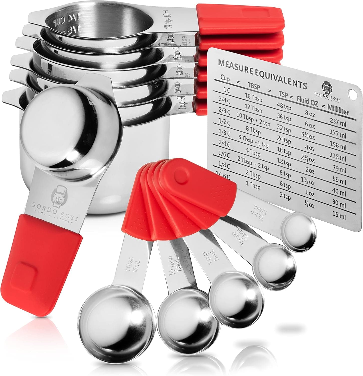 Measuring Cups And Measuring Spoons Set - Metal Stainless Steel Kitchen Measuring Set - Stackable Nesting Red Magnetic Measuring Cups For Cooking And Baking Food - Gordo Boss.
