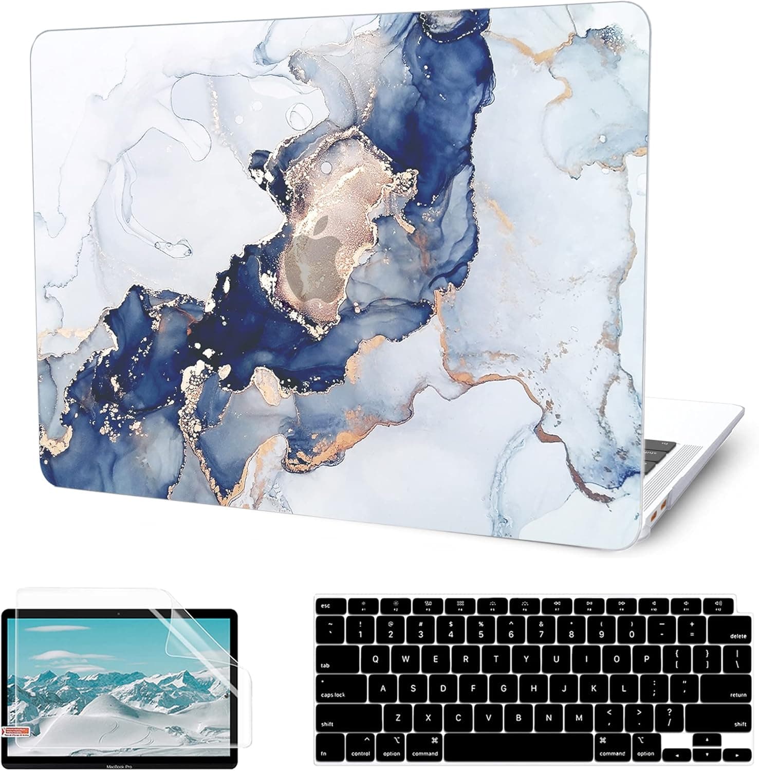 G JGOO Compatible with MacBook Air 13 Inch Case 2022 2021 2020 2019 2018 Release M1 A2337 A2179 A1932 Touch ID, MacBook Air Case, Laptop Hard Shell Case + Keyboard Cover +Screen Protector, Blue Marble