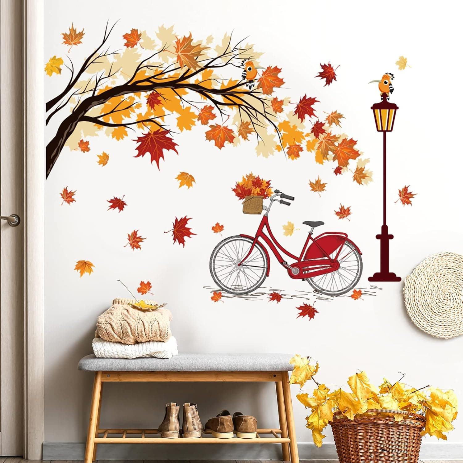 Fall Leaves Wall Sticker Autumn Maple Tree Wall Decal DIY Branch Birds Wall Stickers Removable Yellow Leaf Wall Decal Red Bicycle Wall Mural for Room