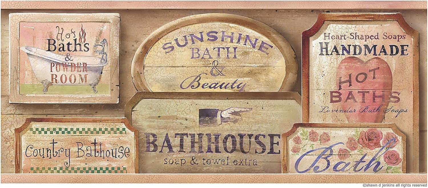 Brewster 418B80962 Bath House Pink Vintage Bath Border, Pink