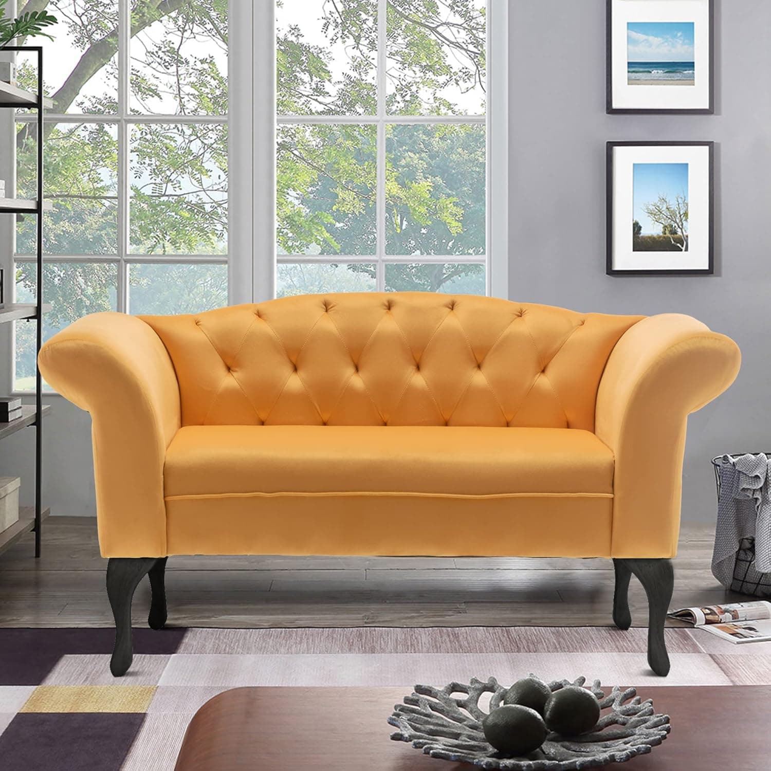 MIYZEAL 55-Inch Loveseat Sofa, Mid-Century 2 Seater Sofa Velvet Settee with Tufted Back, Modern Upholstered Couch Chair for Living Room Compact Space Apartment Bedroom (Yellow)
