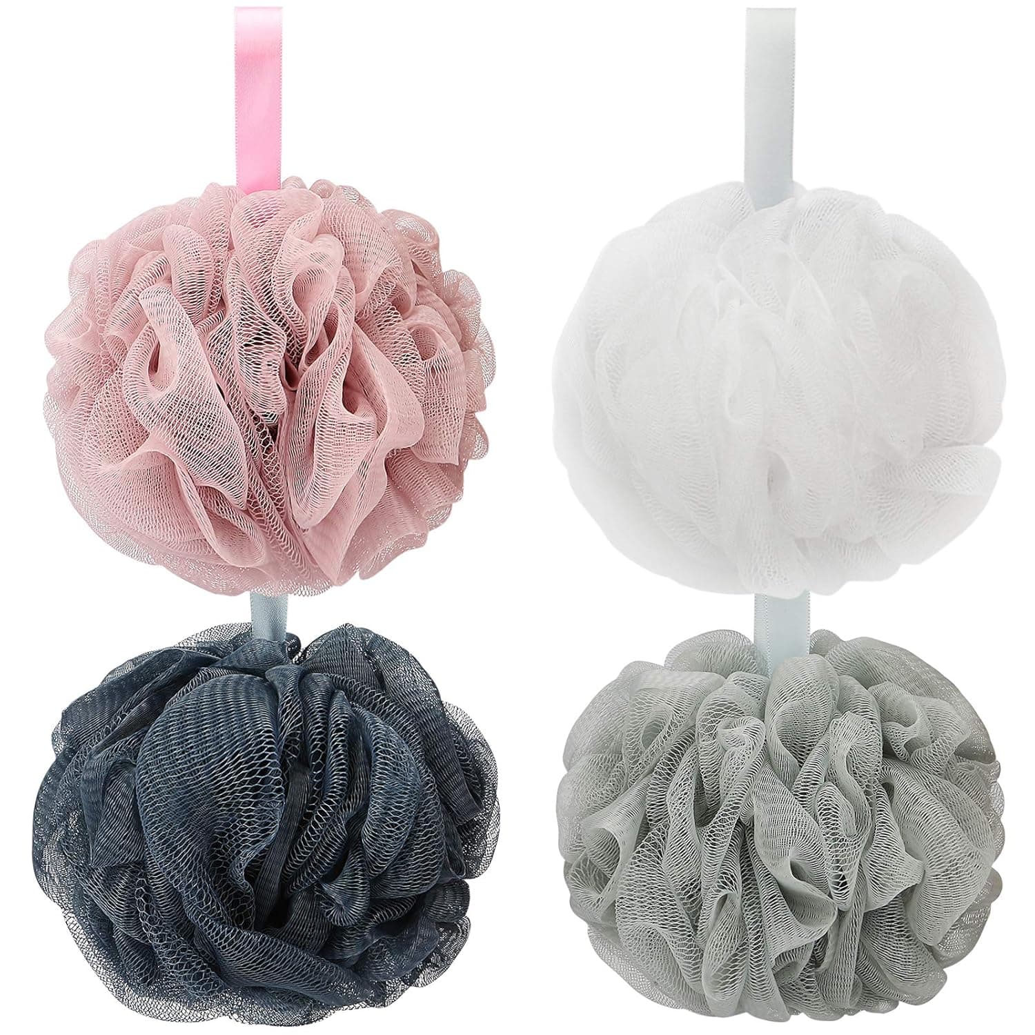 DadyMart Bath Shower Loofah Sponge 75g Bath Mesh Pouf Shower Ball Body Scrubber Exfoliating Bath Sponge for Women and Men, Set of 4, Drak Grey-Pink-Grey-White