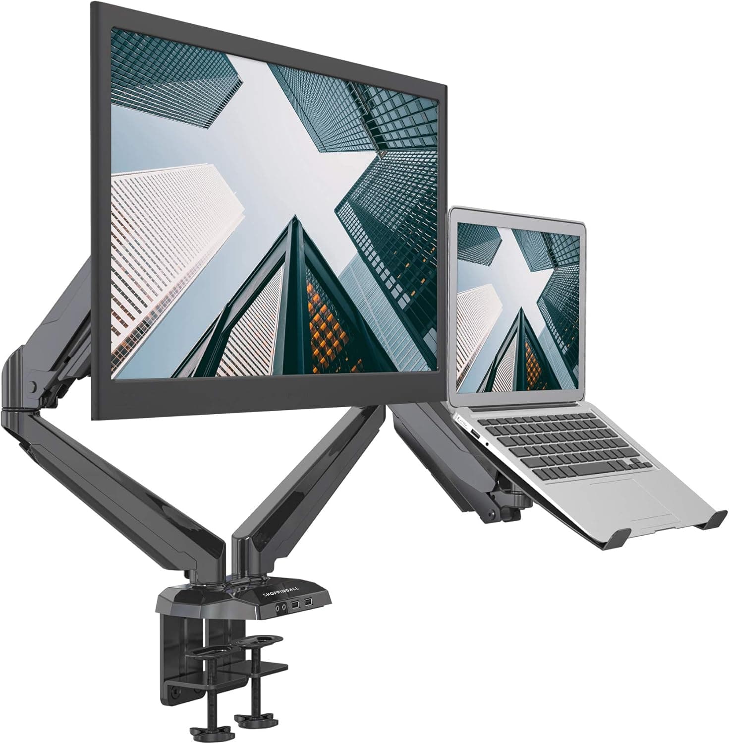 SHOPPINGALL Fully Adjustable Dual Gas Spring 2 in 1 Monitor & Laptop OR Dual Monitors Mount Stand with 2 Arms for 15"-32" Monitors, Both Desk Clamp and Grommet Options Included - SA-GM224U+D15-Black