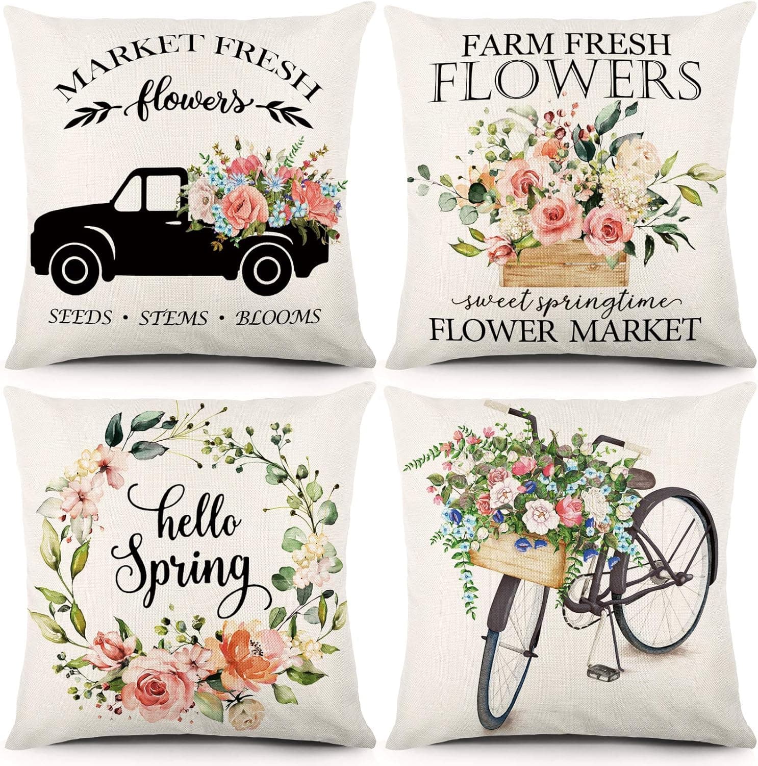 JOCACTI Farmhouse Pillow Covers 18x18 Inch Set of 4 Spring Decorations Fresh Flower Market Bicycle Truck Throw Pillowcase Linen Cushion Case for Spring Home Decor