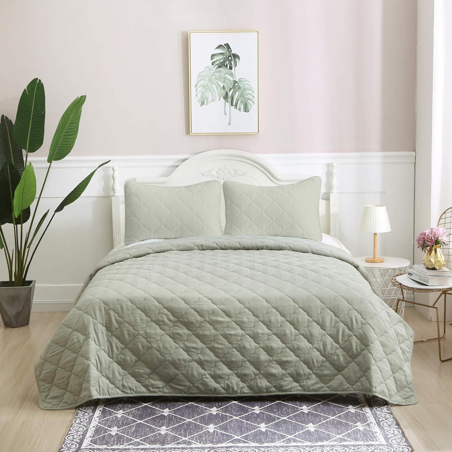 ALPHA HOME 3-Piece Diamond Quilt Set Bedspread Set, King Size Comforter Lightweight Bedding Bedspread Coverlet Set, Sage, Includes 1 Quilt, 2 Shams