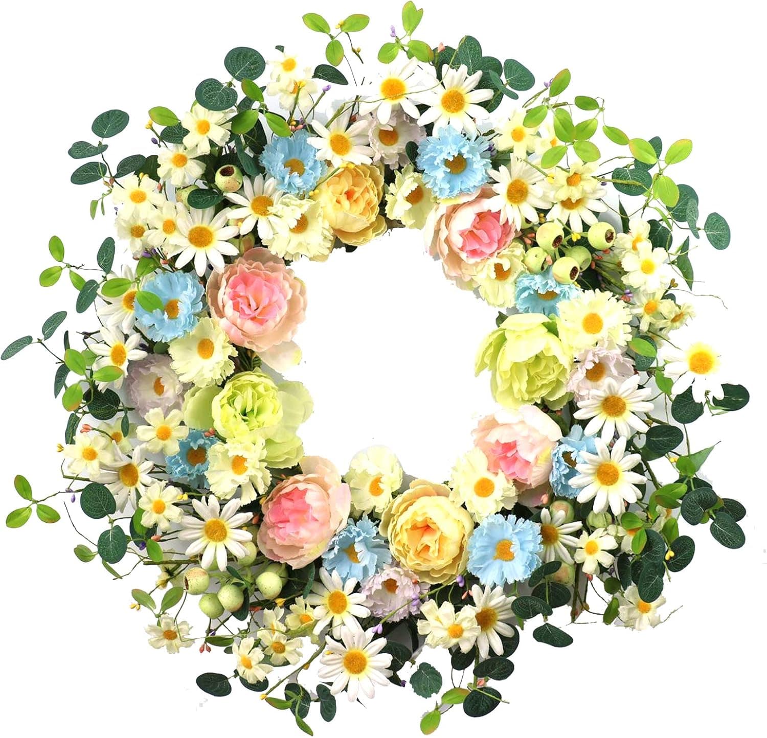 24” Artificial Flower Wreath,Daisy and Rose Wreath Colorful Spring/Summer Floral Wreath for Front Door Wall Window and Holiday Festival Party Banquet Wedding Decor
