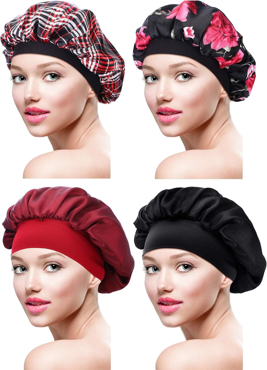 4 Pieces Satin Bonnet Sleeping Cap Soft Night Bonnet Head Cover for Women Girls (Black, Wine Red, Black Flower Printed, Plaid)