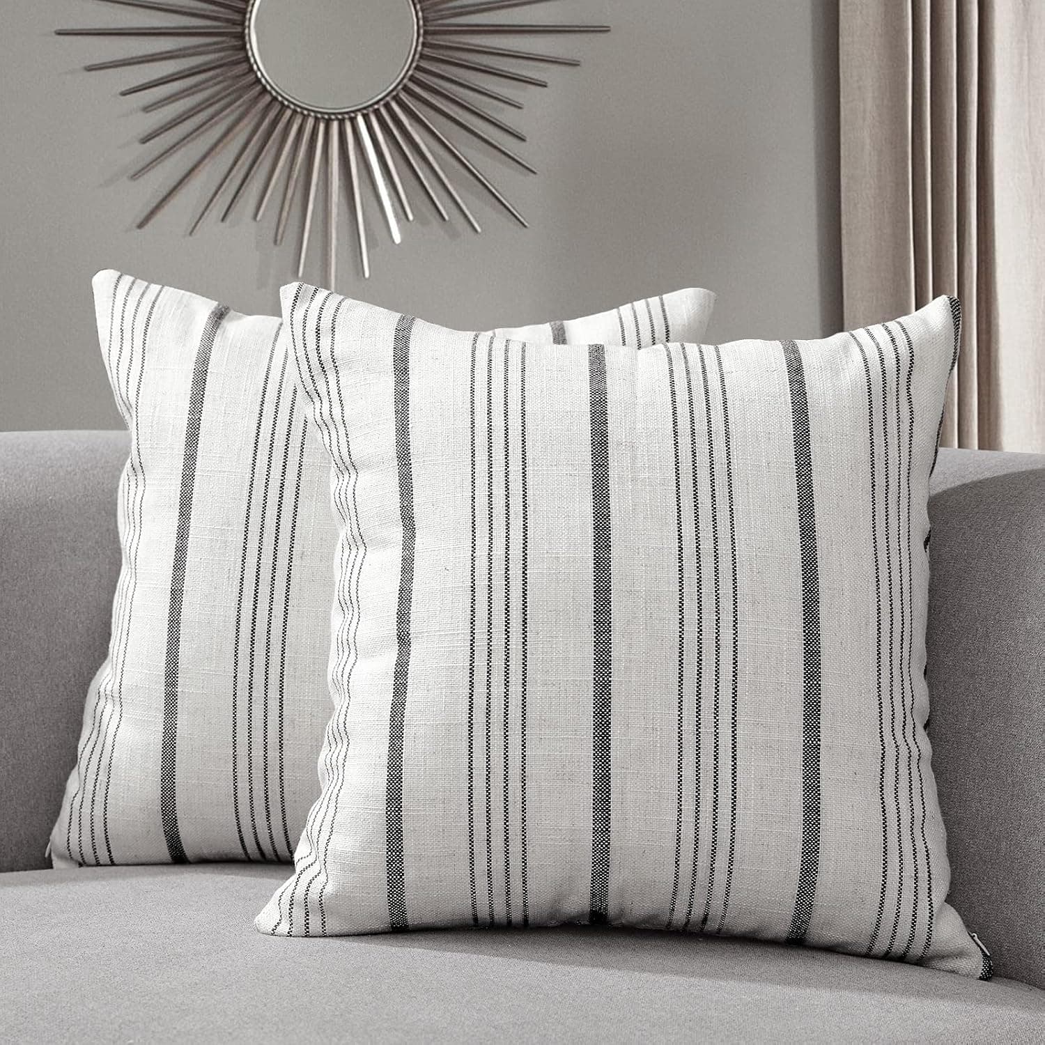 Sunlit Decorative Farmhouse Throw Pillow Case, Set of 2 Cream/Off-White with Black Stripes Modern Accent Square Pillow Cover, 18" x 18", Textured Linen Throw Cushion Covers for Couch Chair Bedroom