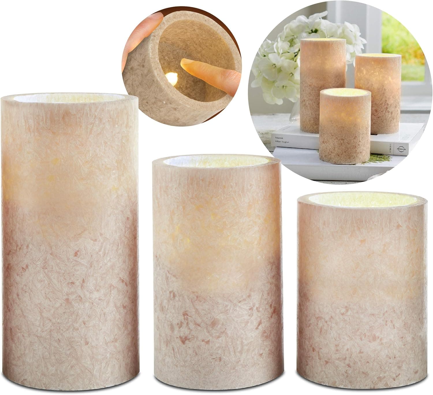 Apothecary and Company 3-Piece Flameless LED Candle Set With Remote, Flickering Dancing Light, Cordless and Battery-Operated, Real Textured Wax Pillars