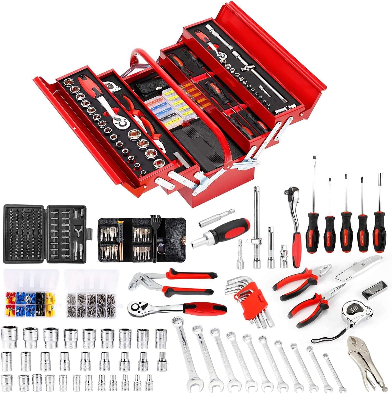 573 Pcs Mechanics Tool Set, Auto Repair Tool Set with 1/4"-1/2" Socket Wrench Sets, Ratchet, Plier, Screwdriver Set, General Household Tool Kit with 3- Drawer Metal Case for Auto, Electronics Repair