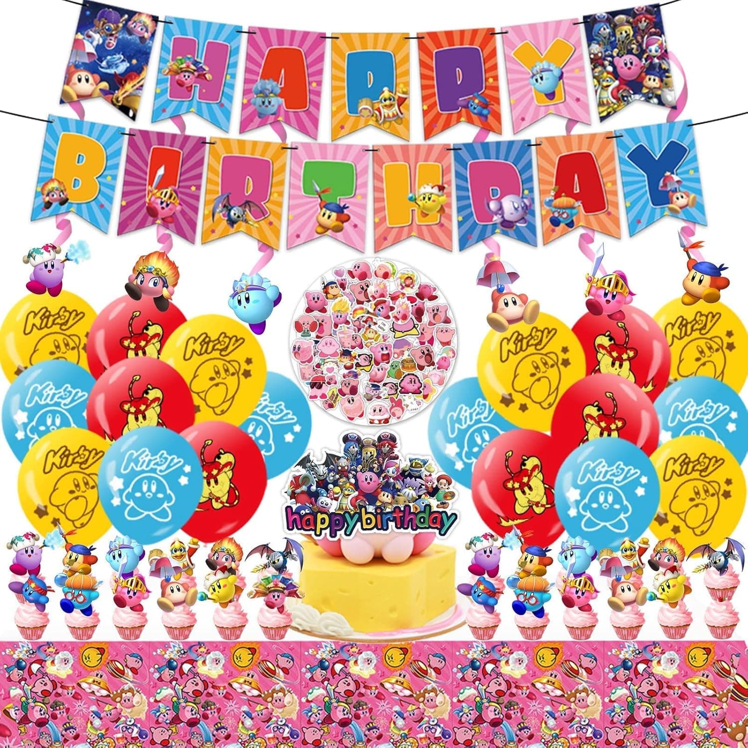 107 pcs Kirby Star Party Decorations,Kirby Star Party Supplies Includes 1* Happy Birthday Banner,24 * 12 inch Balloons,24* Cupcake Toppers,1 Tablecloth,6 Hanging Swirl,1* Cake Topper,50* Stickers.