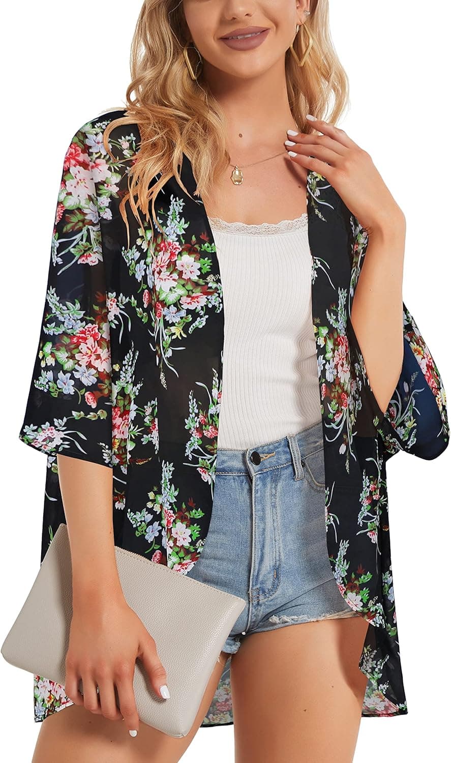 Kimonos for Women Summer Cardigan Chiffon Floral Cover up Loose Casual Top Blouse