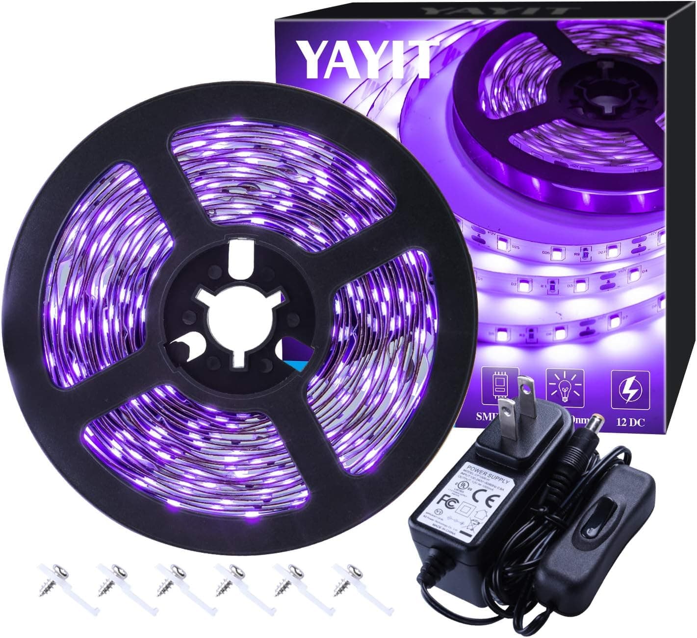 YAYIT 20ft LED Black Light Strip Kit,360 Units,12V Flexible Blacklight Fixtures, 6m LED Ribbon for Indoor Home Bedroom Decoration Fluorescent Dance Party,Non-Waterproof