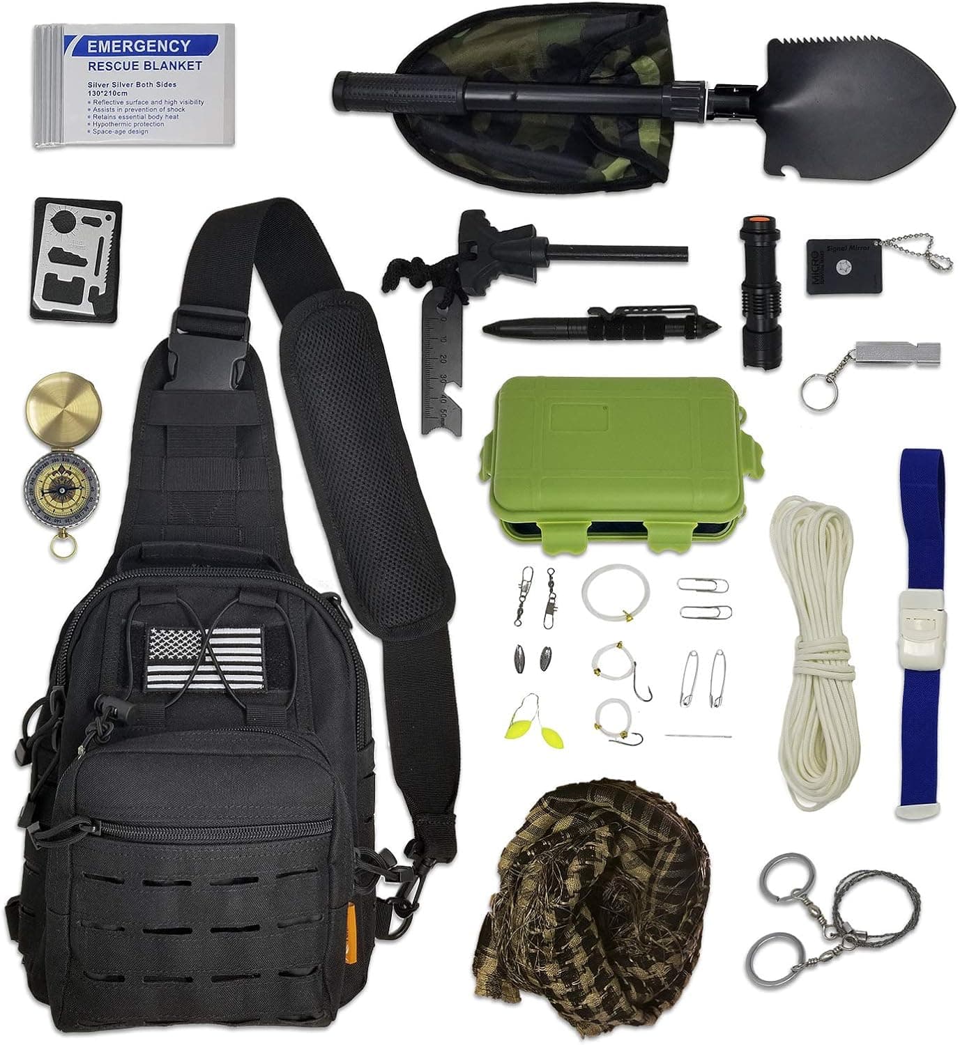Bug Out Bag Survival Kit - Tactical Sling Bag with Emergency Gear, Hiking Fishing Backpack Tackle Bag Mini Daypack