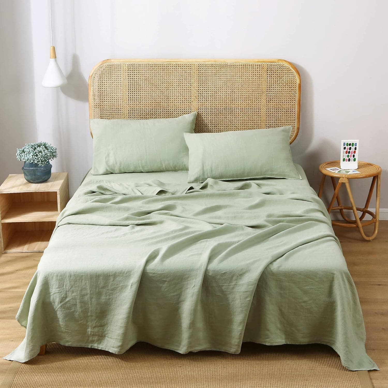 S VICTORY SYMBOL 100% French Natural Linen Bedding Ultra Soft Durable Luxurious Stone Washed 4 Pieces Sheets Set(Light Green,King)