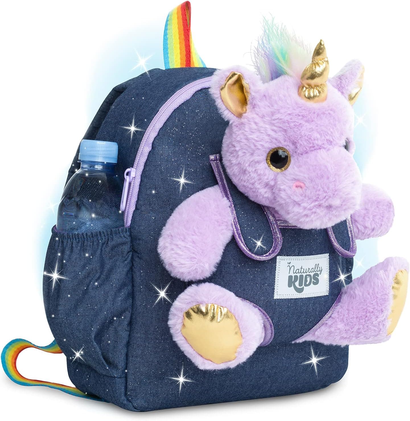 Naturally KIDS Medium Unicorn Backpack - 5-7 Year Old Girl Gifts - Kids Backpack for Girls Boys w Stuffed Animal - Toys for 6 Year Old Girls - w Pockets & Reflective Logo - Backpack w Purple Unicorn