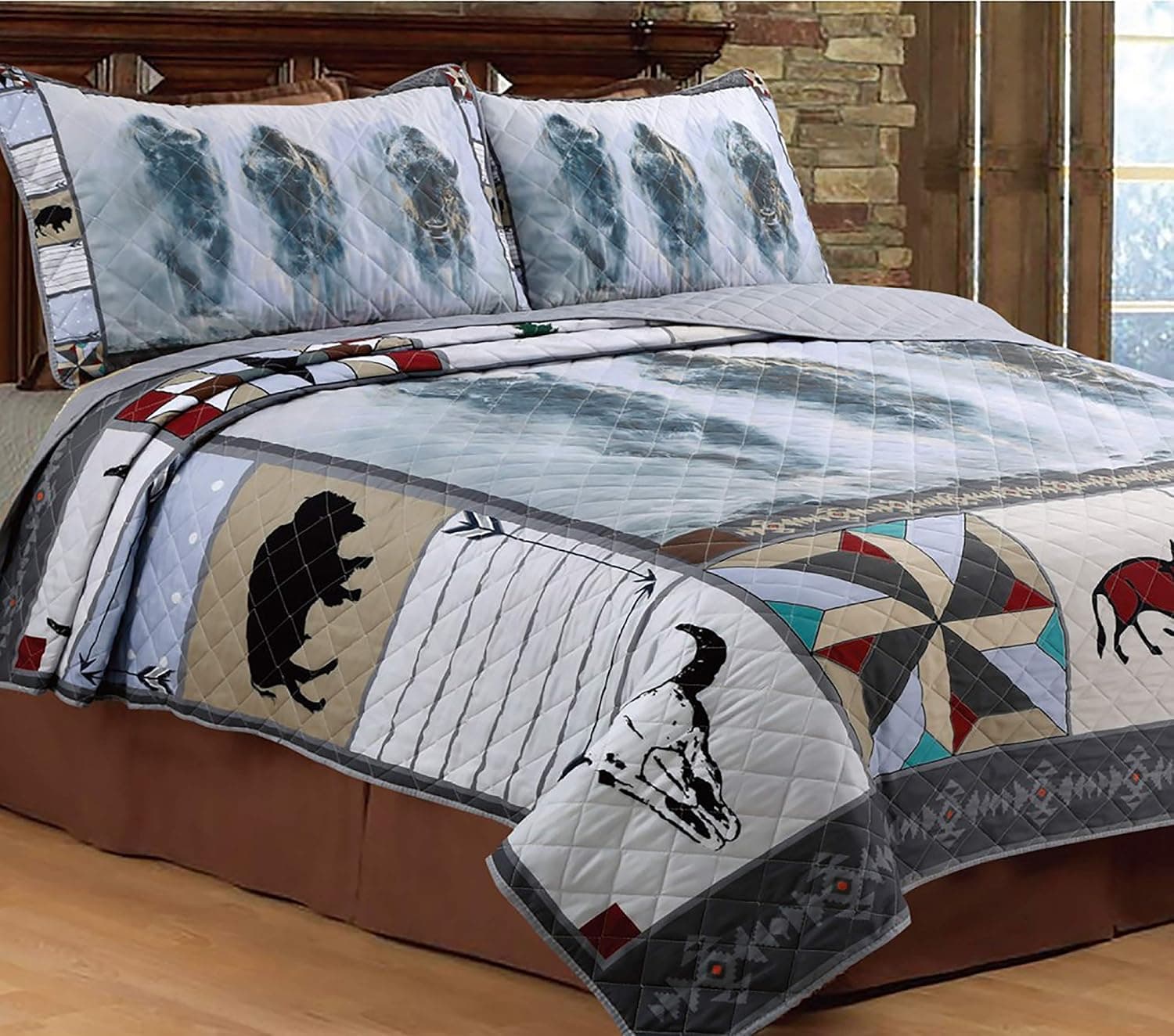 James Corwin Western Bison Buffalo Rustic Bed Quilt Set w/ 2 Shams (King)
